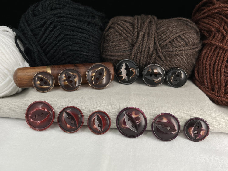 Fish Eye Pearl Imitation Buttons, 18-23mm (28L, 32L & 36L), Brown, Red, Purple & Black. 2-Hole Sew On for Jackets, Coats, Apparel, Crafts
