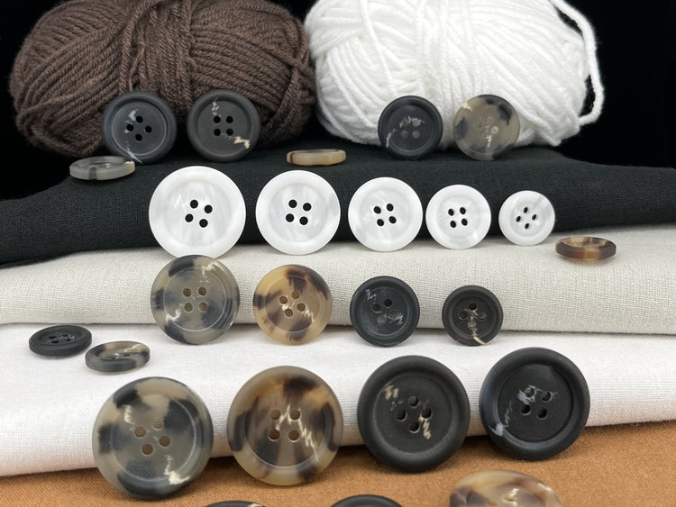 Horn Imitation Buttons, Two Tones, 15-25mm (24L-40L). 5 Different Colors. 4-Hole Sew On for Suits, Pants, Dresses, Coats, Jackets & Sweaters