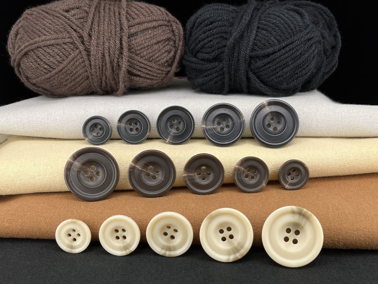 Horn Imitation Resin Buttons, 15-25mm (24L-40L). 3 Different Colors. 4-Hole Sew On for Suits, Pants, Dresses, Coats, Jackets & Sweaters