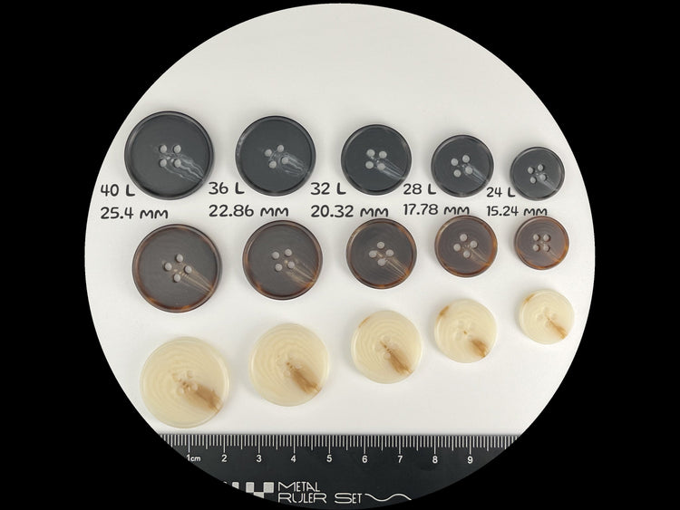 Horn Imitation Buttons,15-25mm (24L-40L). 3 Different Colors. 4-Hole Sew On for Pants, Dresses, Coats, Jackets, Sweaters