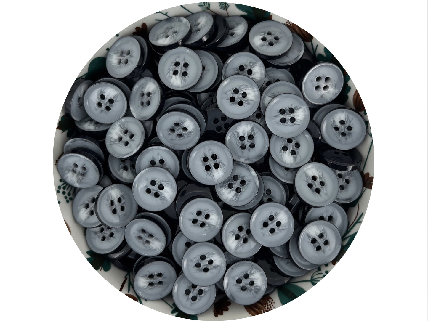 Weiße und graue Hornimitatknöpfe, Kontrastfarbig lackiert, 15mm & 20mm (24L & 32L). 4-Loch Annähknöpfe für Anzüge, Hosen, Mäntel & Jacken