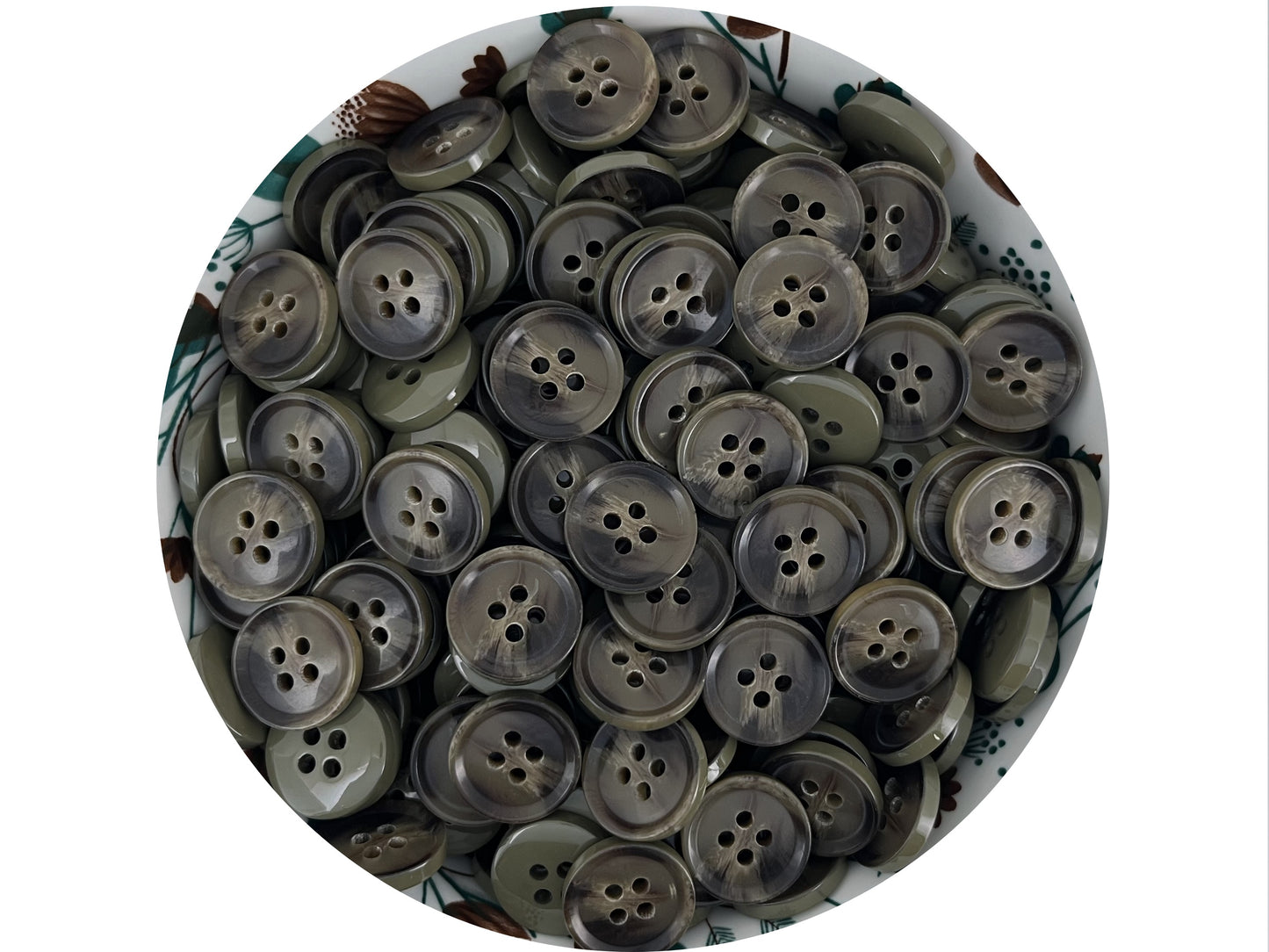 Grün & Braun Hornimitatknöpfe, Kontrastfarben besprüht, 15mm & 20mm (24L & 32L). 4-Loch Annähknöpfe für Anzüge, Hosen, Mäntel & Jacken
