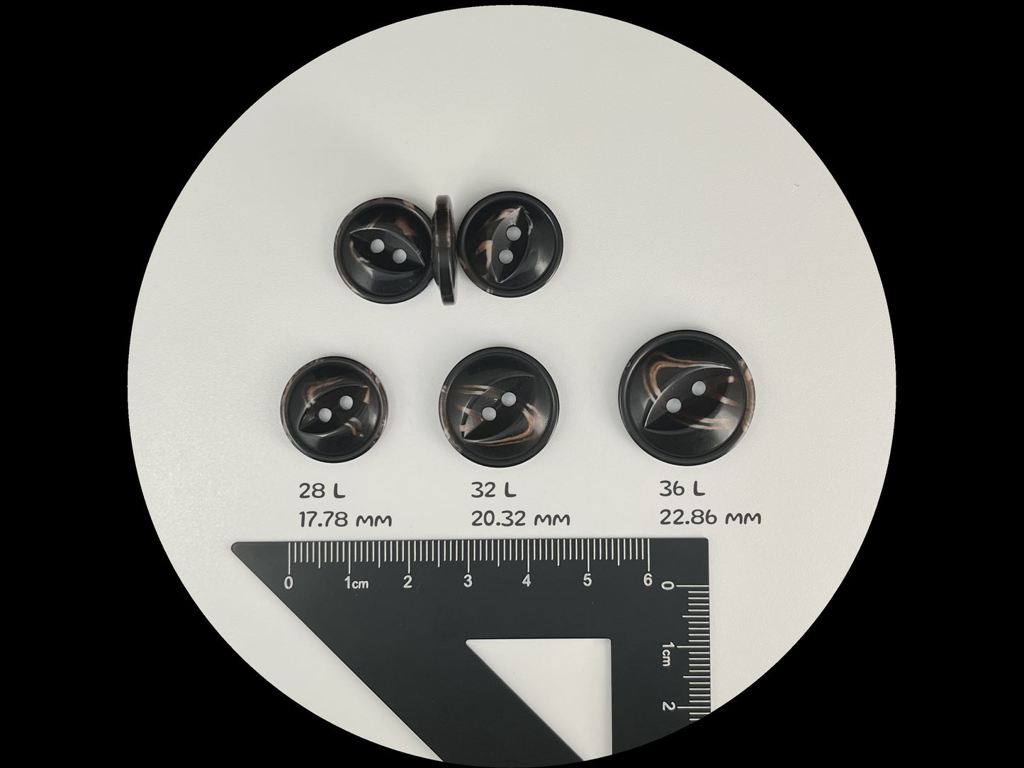 Schwarze Fischaugen-Perlimitationsknöpfe, mehrfarbig, 18-23mm (28L, 32L & 36L). 2-Loch zum Annähen für Jacken, Mäntel, Bekleidung, Bastelarbeiten