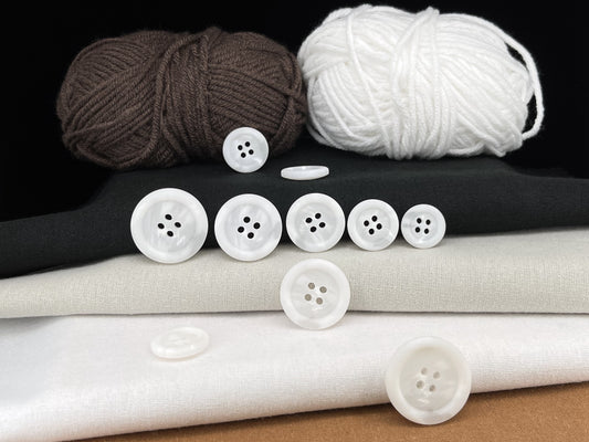 White Horn Imitation Buttons, Two Tones, 15-25mm (24L-40L). 4-Hole Sew On for Suits, Pants, Dresses, Coats, Jackets & Sweaters