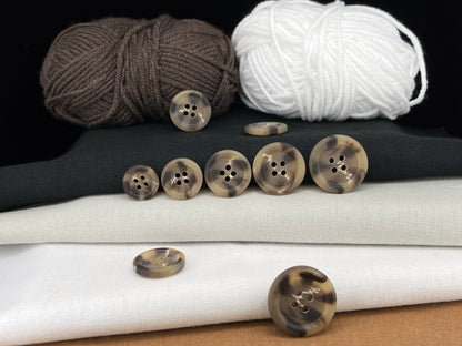 Beige Brown Horn Imitation Buttons, Two Tones, 15-25mm (24L-40L). 4-Hole Sew On for Suits, Pants, Dresses, Coats, Jackets & Sweaters