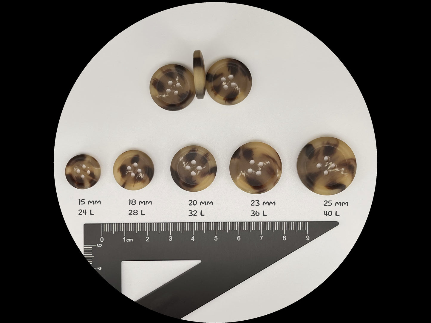Beige Brown Horn Imitation Buttons, Two Tones, 15-25mm (24L-40L). 4-Hole Sew On for Suits, Pants, Dresses, Coats, Jackets & Sweaters