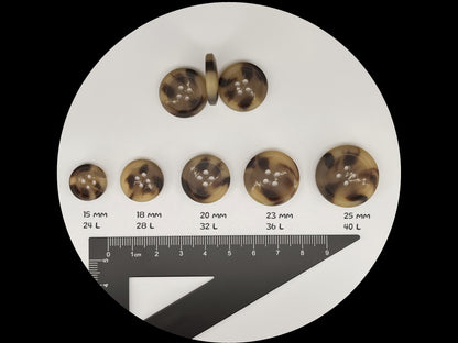 Beige Brown Horn Imitation Buttons, Two Tones, 15-25mm (24L-40L). 4-Hole Sew On for Suits, Pants, Dresses, Coats, Jackets & Sweaters