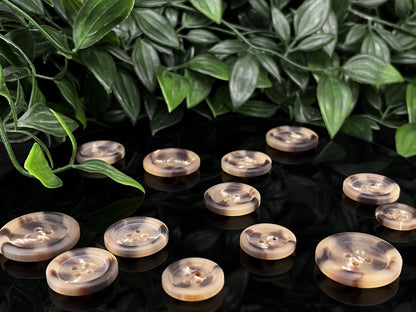 Beige Brown Horn Imitation Buttons, Two Tones, 15-25mm (24L-40L). 4-Hole Sew On for Suits, Pants, Dresses, Coats, Jackets & Sweaters