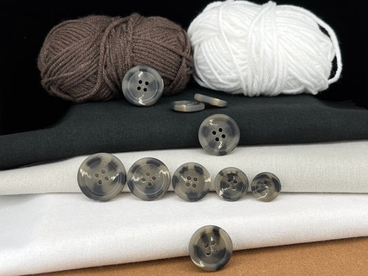 Grey Horn Imitation Buttons, Two Tones, 15-25mm (24L-40L). 4-Hole Sew On for Suits, Pants, Dresses, Coats, Jackets, Sweaters