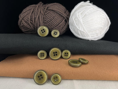 Vintage Olive Green Corozo Imitation Buttons, 15mm & 20mm (24L & 32L). 4-Hole Sew On for Suits, Pants, Dresses, Coats, Jackets & Sweaters