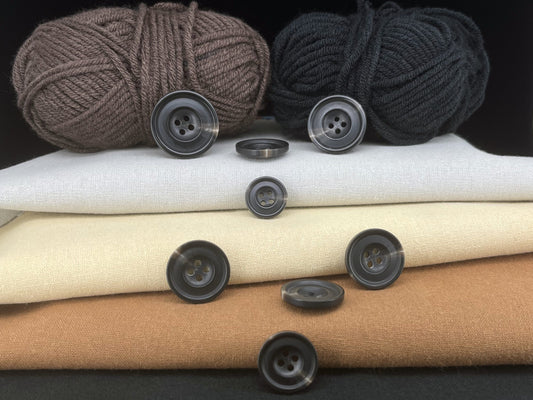 Black Horn Imitation Resin Buttons, 15-25mm (24L-40L). 4-Hole Sew On for Suits, Pants, Dresses, Coats, Jackets & Sweaters