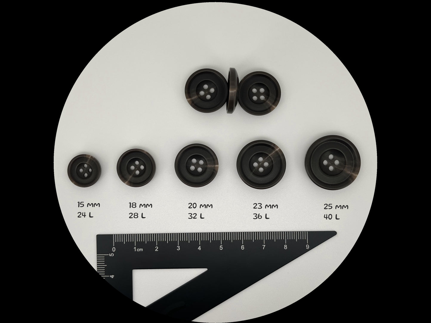 Schwarze Hornimitat-Harzknöpfe, 15-25 mm (24L-40L). 4-Loch-Annähknöpfe für Anzüge, Hosen, Kleider, Mäntel, Jacken & Pullover