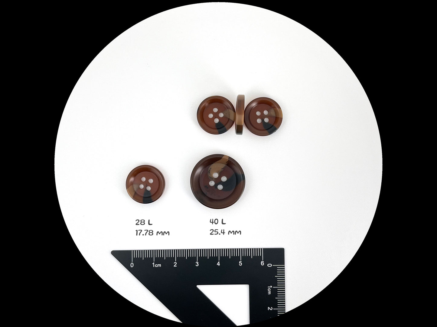 Dunkel Kaffeebraune Hornimitat-Kunstharzknöpfe, 18 mm & 25 mm (28L & 40L). 4-Loch zum Annähen für Anzüge, Hosen, Kleider, Mäntel, Jacken & Pullover