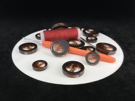 Brown Translucent Horn Imitation Buttons with Solid Rim. 18-28mm (28L-44L), 2-Hole Sew On, for Jackets, Coats, Apparel & Crafts