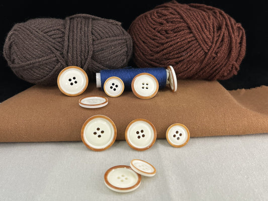Beige with Brown Rim Two Tone Buttons, 15mm-23mm (24L-36L). 4-Hole Sew On for Suits, Pants, Dresses, Coats, Jackets & Sweaters