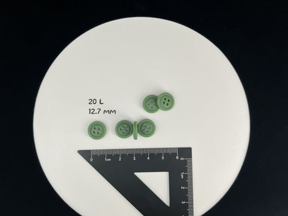 Muted Green Buttons, Recycled Plastic, 12.7mm (20L). 4-Hole Sew On for Shirts, Pants, Blouses, Dresses, Skirts, Apparel, Kids Clothes